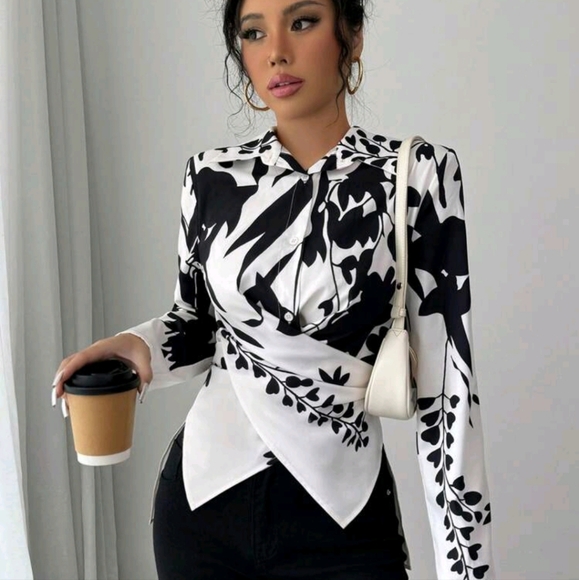 Tops - Ladies Positioned Floral Cinched Cinched Waist Cuff Long Sleeve Shir